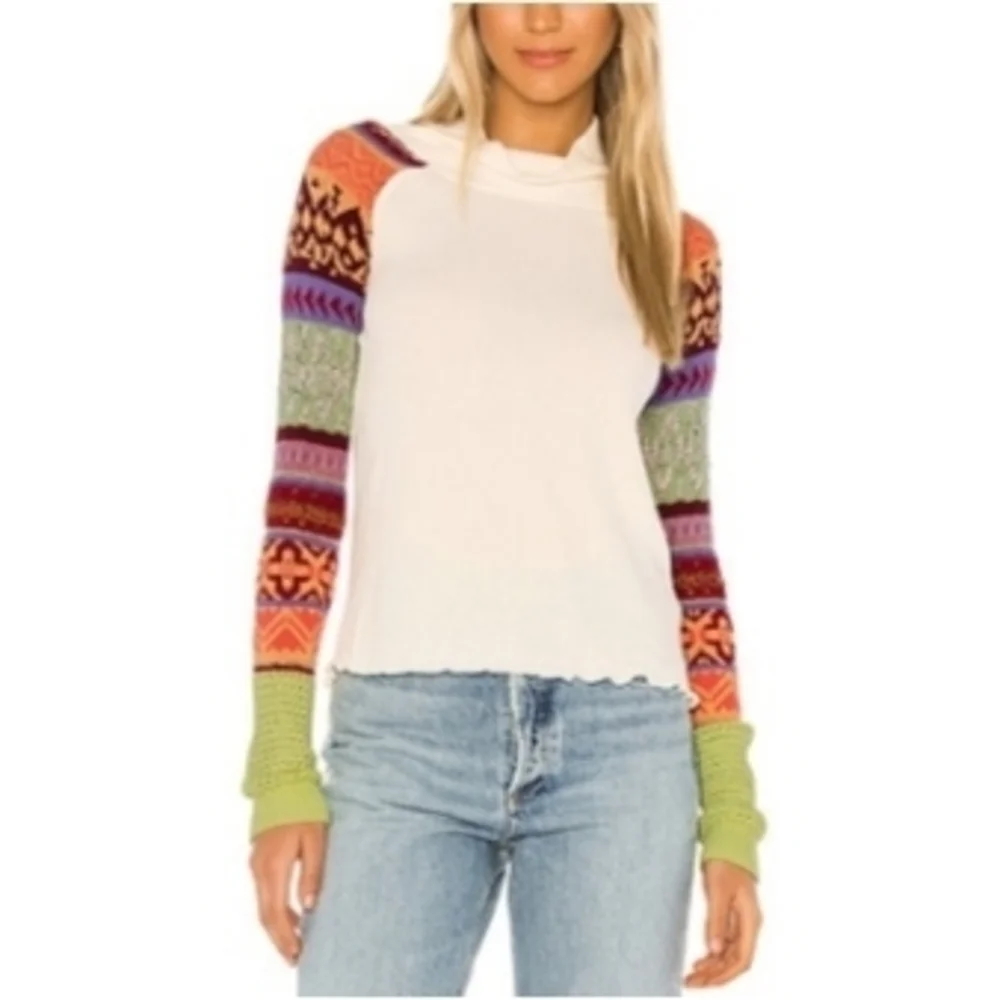 Free People Ivory Prism Ribbed Knit Sleeve Mock Neck Sweater Size XS